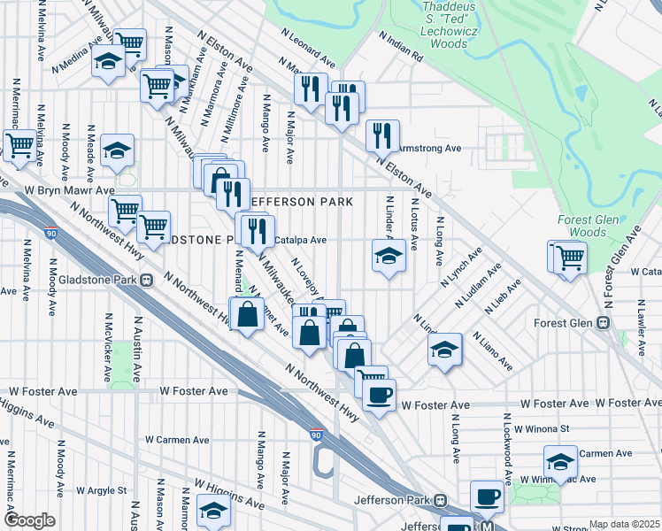 map of restaurants, bars, coffee shops, grocery stores, and more near 5467 North Parkside Avenue in Chicago
