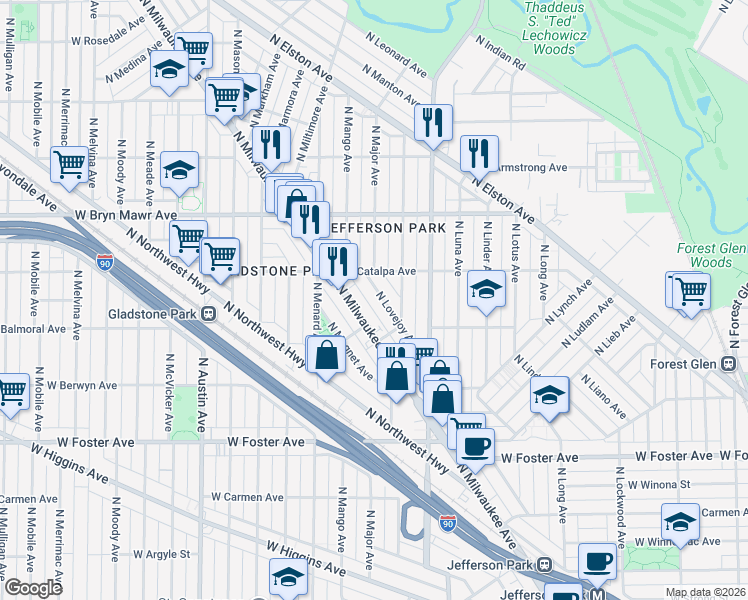 map of restaurants, bars, coffee shops, grocery stores, and more near 5450 North Lovejoy Avenue in Chicago