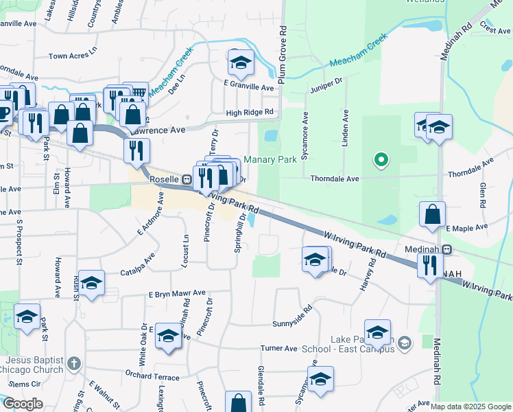 map of restaurants, bars, coffee shops, grocery stores, and more near in Roselle