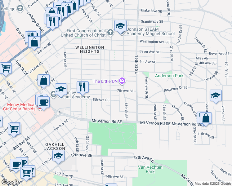 map of restaurants, bars, coffee shops, grocery stores, and more near 1728 7th Avenue Southeast in Cedar Rapids