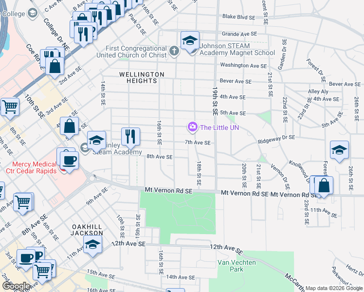 map of restaurants, bars, coffee shops, grocery stores, and more near 1728 7th Avenue Southeast in Cedar Rapids