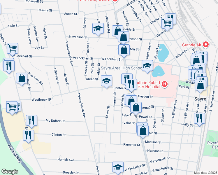 map of restaurants, bars, coffee shops, grocery stores, and more near 140 Center Street in Sayre