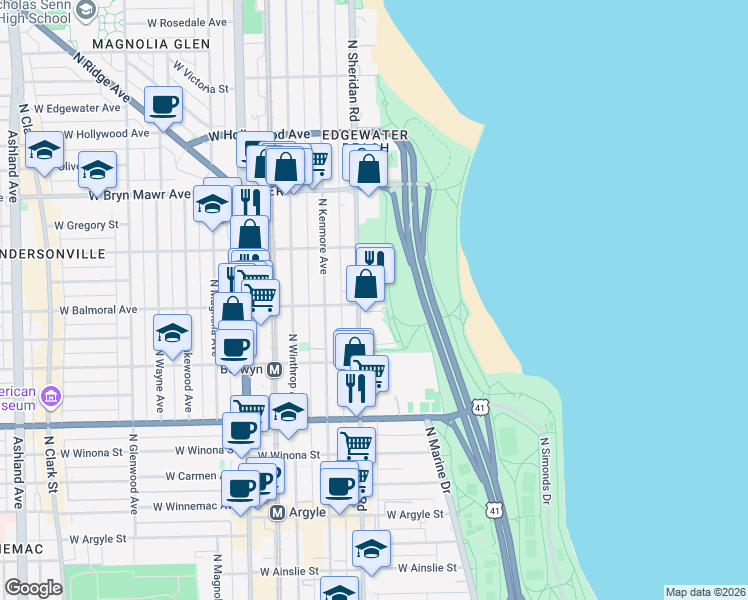 map of restaurants, bars, coffee shops, grocery stores, and more near 5415 North Sheridan Road in Chicago