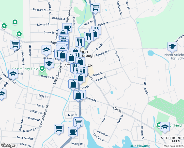 map of restaurants, bars, coffee shops, grocery stores, and more near 14 Grant Street in North Attleborough