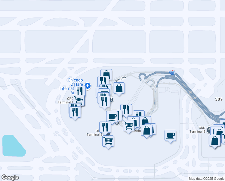 map of restaurants, bars, coffee shops, grocery stores, and more near Arrivals in Chicago