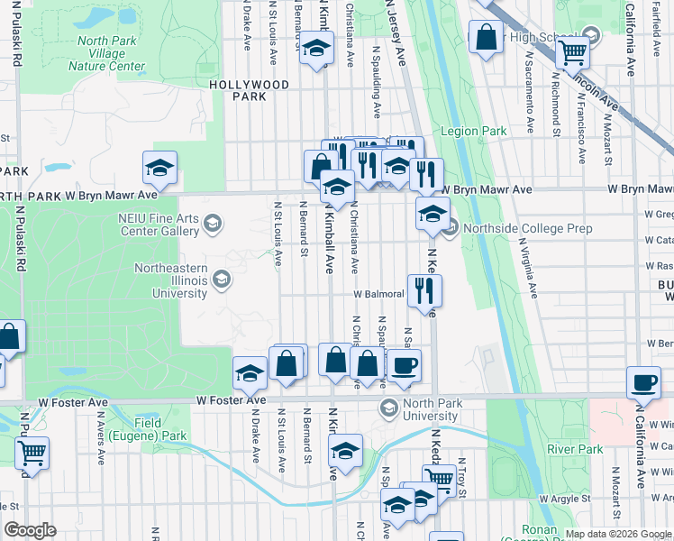 map of restaurants, bars, coffee shops, grocery stores, and more near 5436 North Kimball Avenue in Chicago