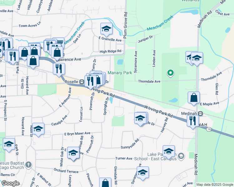 map of restaurants, bars, coffee shops, grocery stores, and more near 22W438 Irving Park Road in Roselle