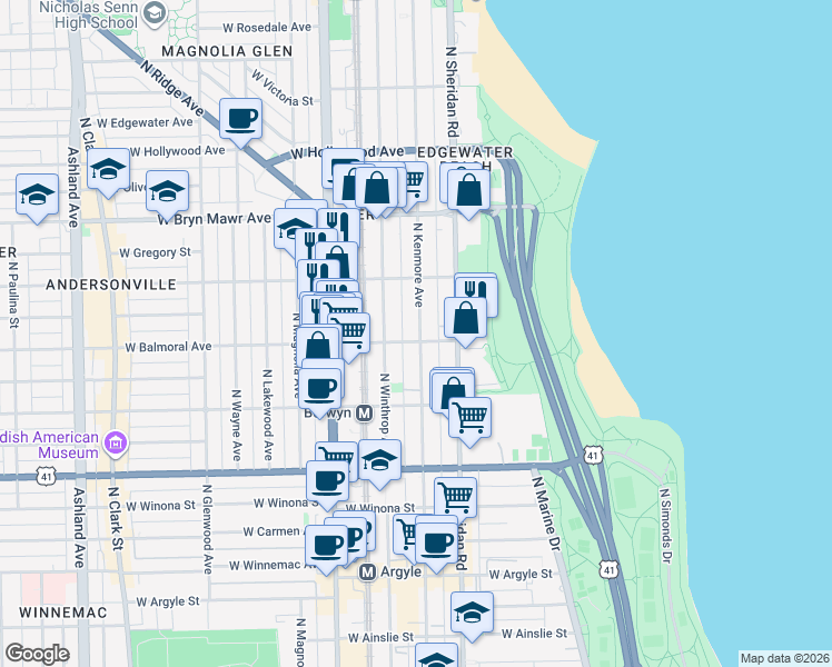map of restaurants, bars, coffee shops, grocery stores, and more near 5410 North Kenmore Avenue in Chicago