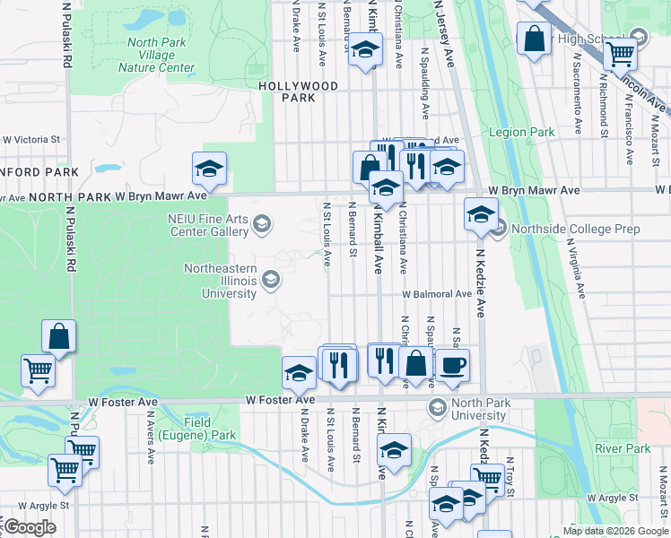map of restaurants, bars, coffee shops, grocery stores, and more near 5438 North Bernard Street in Chicago