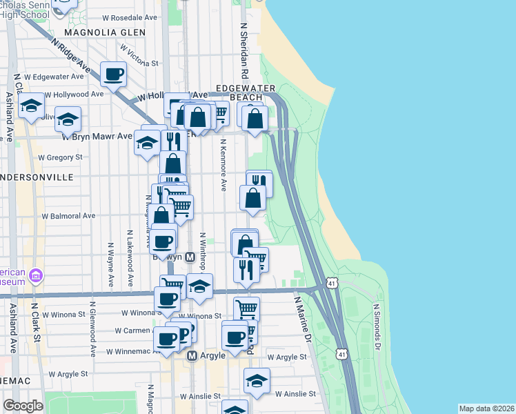 map of restaurants, bars, coffee shops, grocery stores, and more near 5415 North Sheridan Road in Chicago