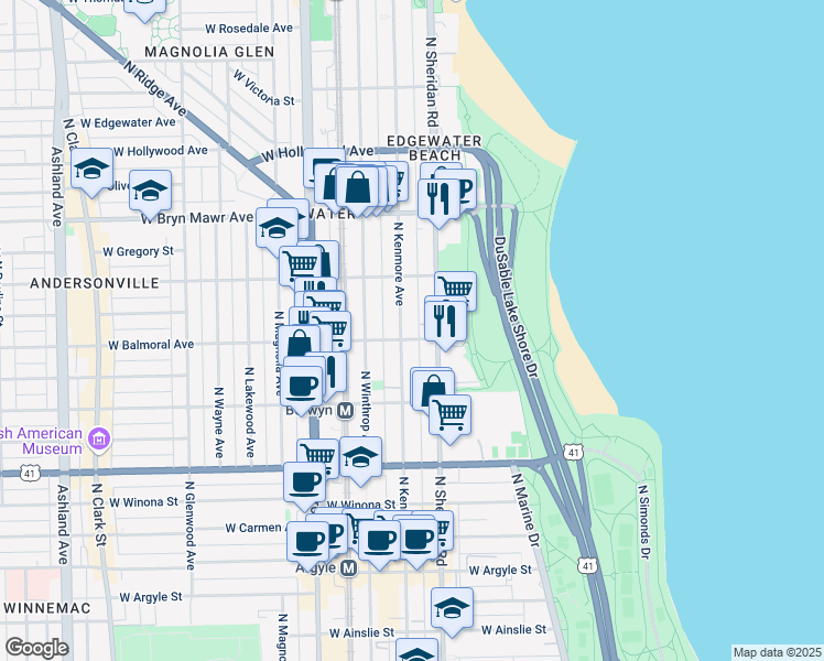 map of restaurants, bars, coffee shops, grocery stores, and more near 5420 North Sheridan Road in Chicago
