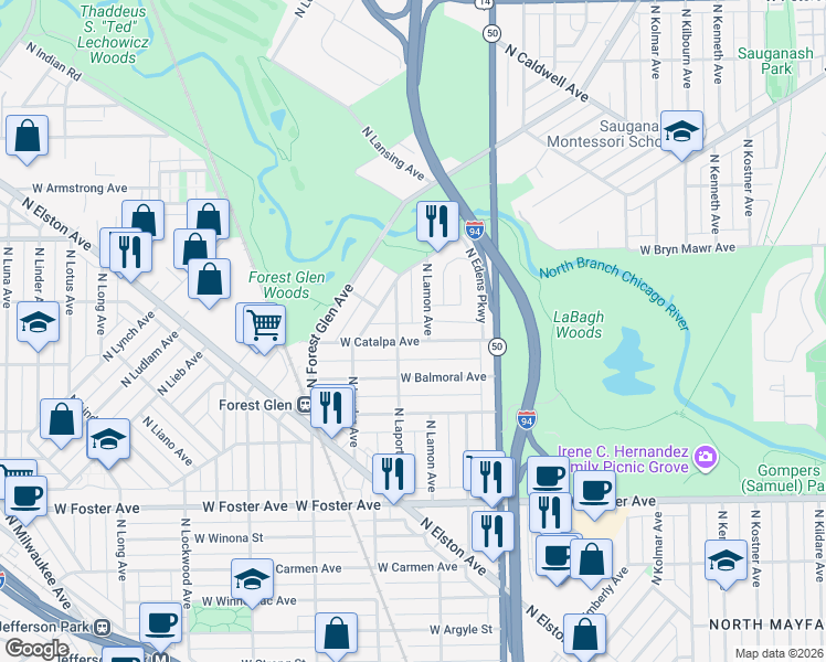 map of restaurants, bars, coffee shops, grocery stores, and more near in Chicago