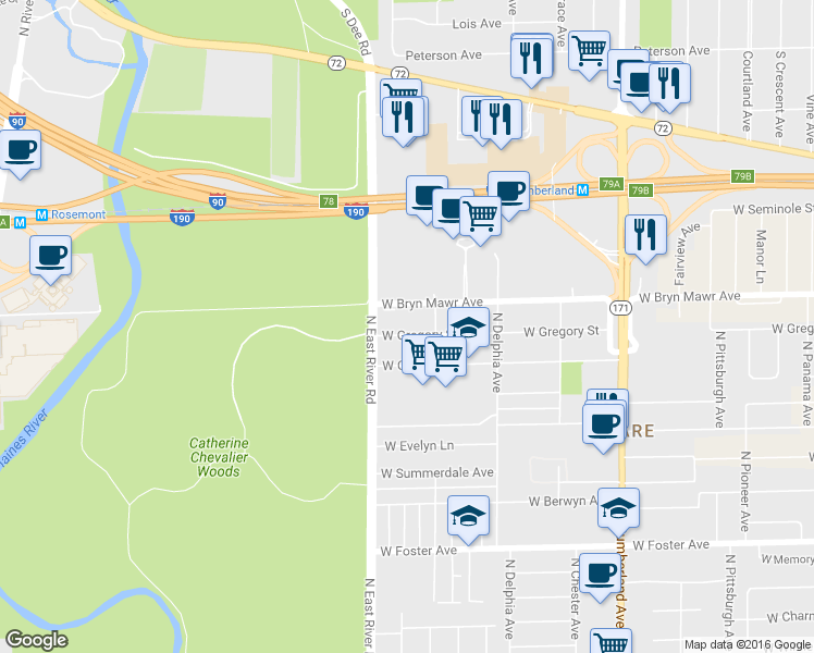 map of restaurants, bars, coffee shops, grocery stores, and more near 8711 West Bryn Mawr Avenue in Chicago