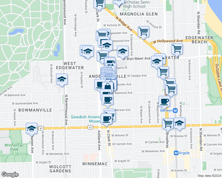 map of restaurants, bars, coffee shops, grocery stores, and more near 5413 North Clark Street in Chicago