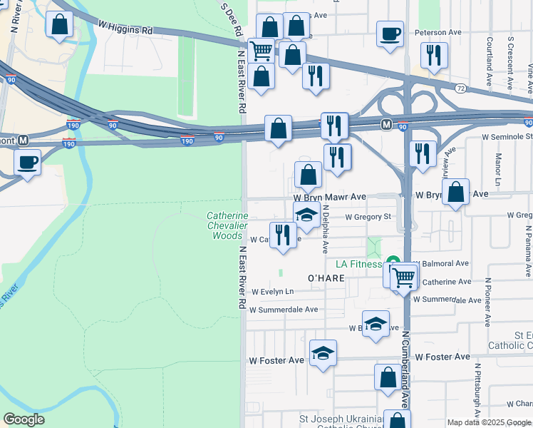 map of restaurants, bars, coffee shops, grocery stores, and more near 8711 West Bryn Mawr Avenue in Chicago