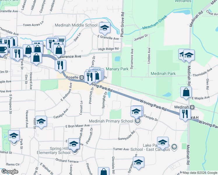 map of restaurants, bars, coffee shops, grocery stores, and more near 730 East Irving Park Road in Roselle