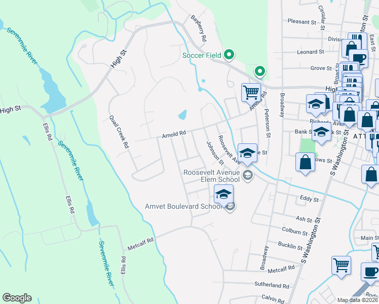 map of restaurants, bars, coffee shops, grocery stores, and more near 38 Sunset Avenue in North Attleborough