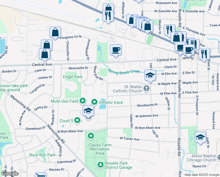 map of restaurants, bars, coffee shops, grocery stores, and more near 7N240 West End Road in Roselle