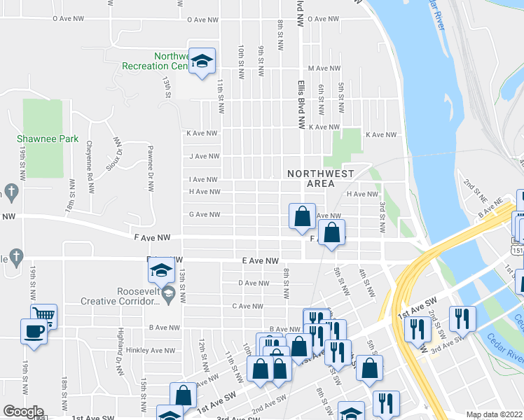 map of restaurants, bars, coffee shops, grocery stores, and more near 826 G Avenue Northwest in Cedar Rapids