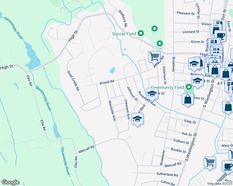 map of restaurants, bars, coffee shops, grocery stores, and more near 38 Sunset Avenue in North Attleborough