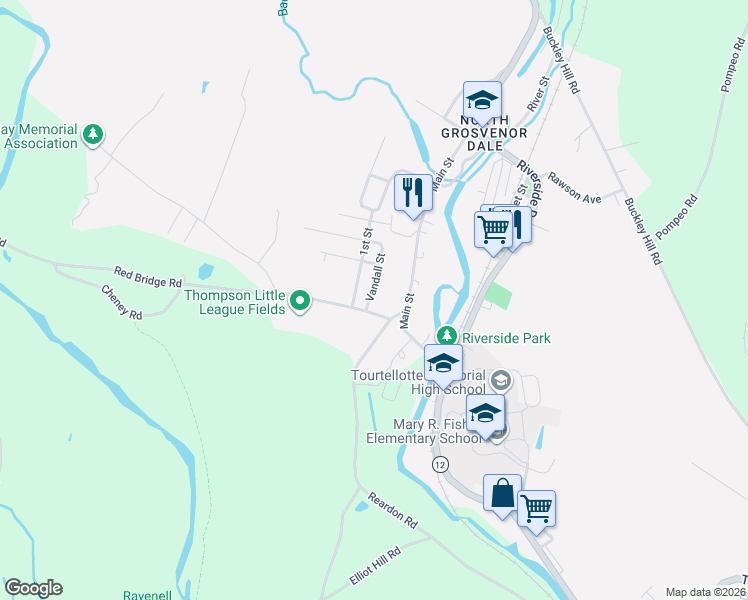map of restaurants, bars, coffee shops, grocery stores, and more near 3 Vandall Street in Thompson