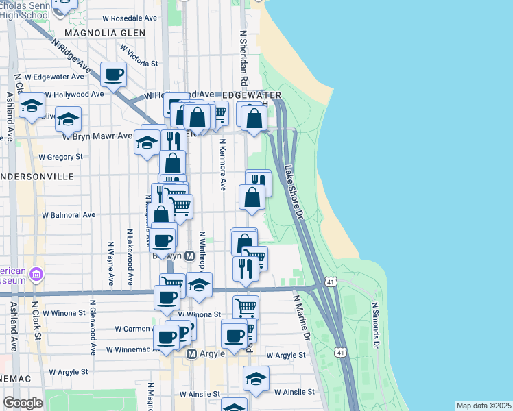 map of restaurants, bars, coffee shops, grocery stores, and more near 5415 North Sheridan Road in Chicago