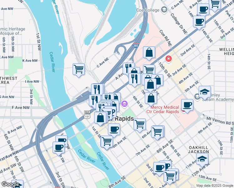 map of restaurants, bars, coffee shops, grocery stores, and more near 427 U.S. 151 Business in Cedar Rapids