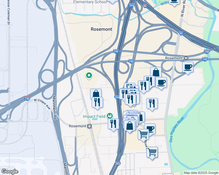 map of restaurants, bars, coffee shops, grocery stores, and more near 9800 Bryn Mawr Avenue in Rosemont