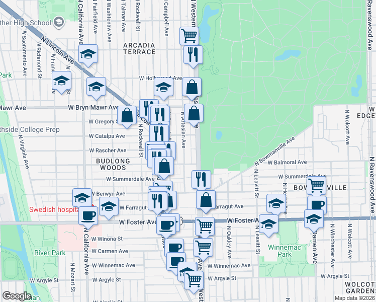 map of restaurants, bars, coffee shops, grocery stores, and more near 5430 North Western Avenue in Chicago