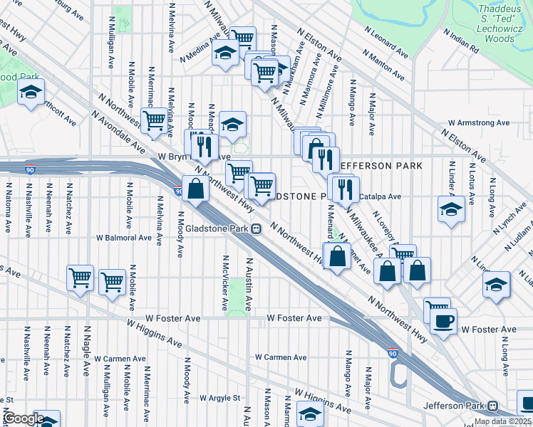 map of restaurants, bars, coffee shops, grocery stores, and more near 5472 North Northwest Highway in Chicago