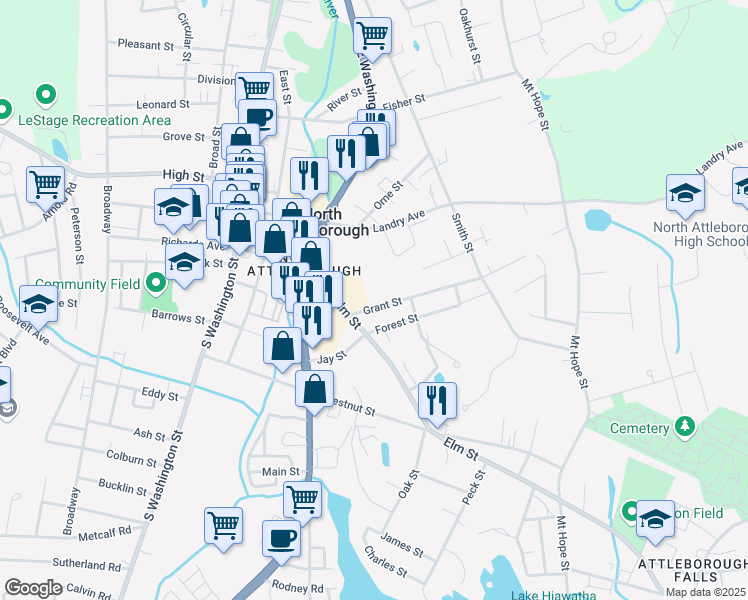 map of restaurants, bars, coffee shops, grocery stores, and more near 28 Grant Street in North Attleborough
