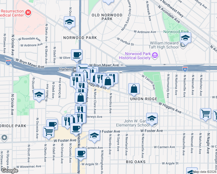 map of restaurants, bars, coffee shops, grocery stores, and more near 7006 West Higgins Avenue in Chicago