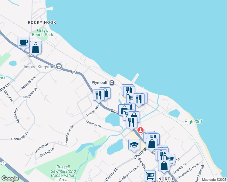 map of restaurants, bars, coffee shops, grocery stores, and more near 30 Loring Blvd in Plymouth