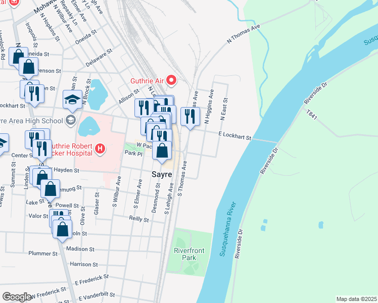 map of restaurants, bars, coffee shops, grocery stores, and more near 143-199 South Thomas Avenue in Sayre
