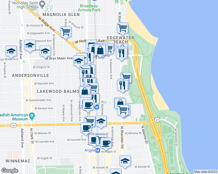 map of restaurants, bars, coffee shops, grocery stores, and more near 5410 North Kenmore Avenue in Chicago