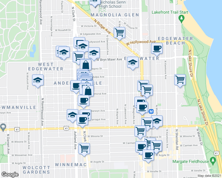 map of restaurants, bars, coffee shops, grocery stores, and more near 5419 North Glenwood Avenue in Chicago