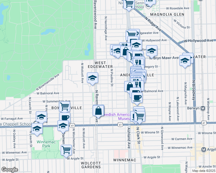 map of restaurants, bars, coffee shops, grocery stores, and more near 1733 West Rascher Avenue in Chicago