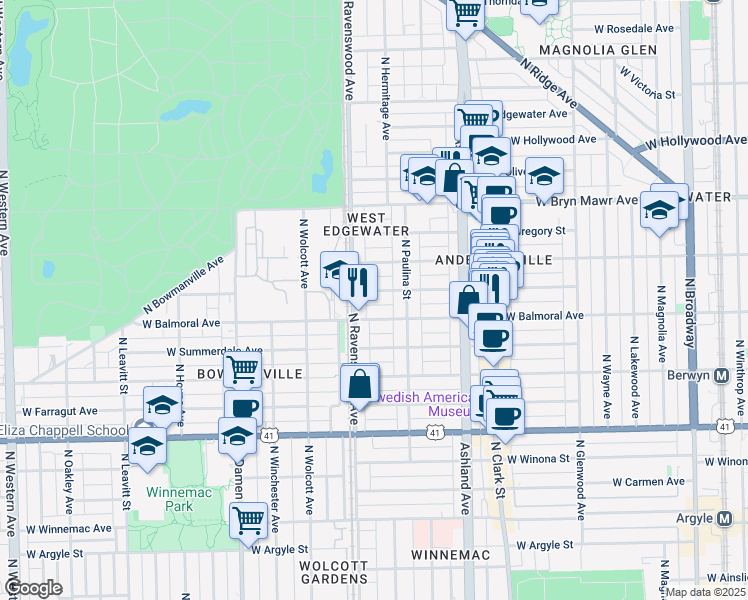 map of restaurants, bars, coffee shops, grocery stores, and more near 1733 West Rascher Avenue in Chicago
