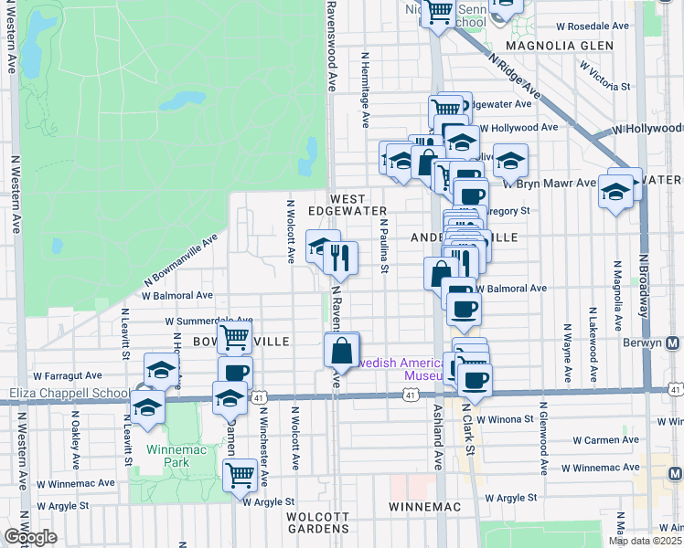 map of restaurants, bars, coffee shops, grocery stores, and more near 1733 West Rascher Avenue in Chicago