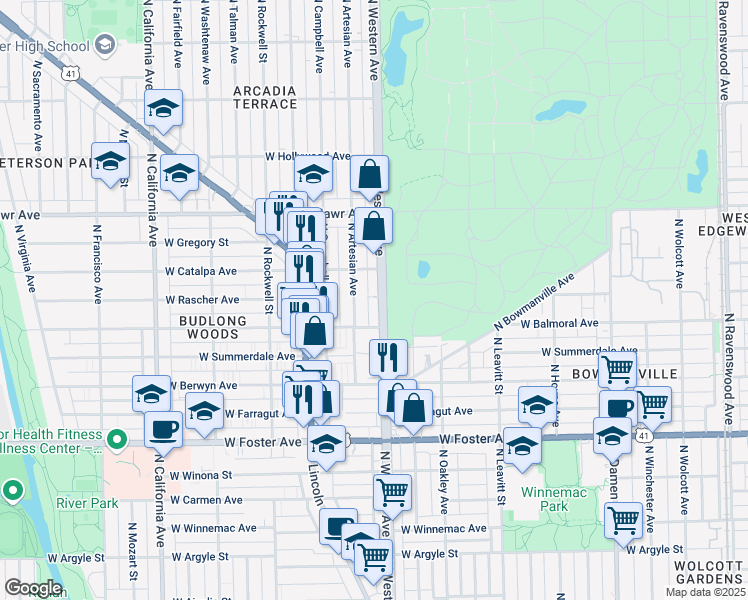 map of restaurants, bars, coffee shops, grocery stores, and more near 5430 North Western Avenue in Chicago