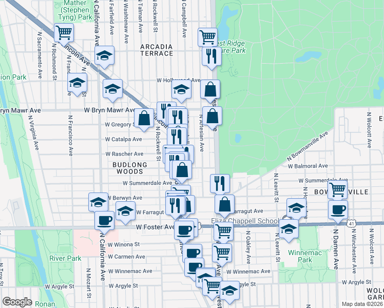 map of restaurants, bars, coffee shops, grocery stores, and more near 5433 North Campbell Avenue in Chicago