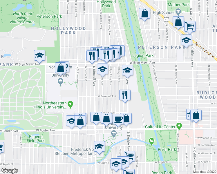 map of restaurants, bars, coffee shops, grocery stores, and more near 5437 North Spaulding Avenue in Chicago