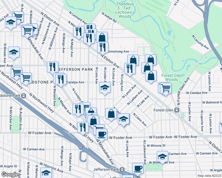 map of restaurants, bars, coffee shops, grocery stores, and more near 5438 North Lotus Avenue in Chicago