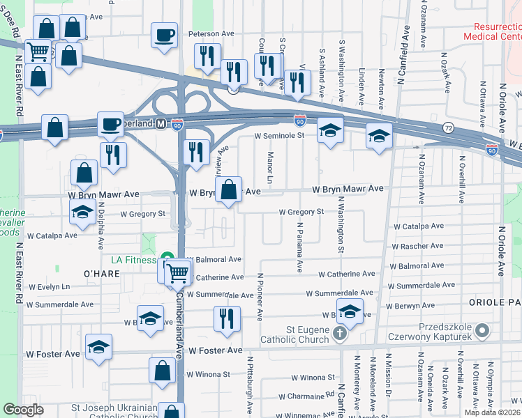 map of restaurants, bars, coffee shops, grocery stores, and more near 8146 West Gregory Street in Chicago