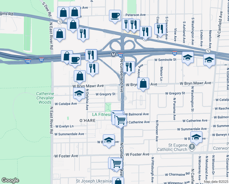 map of restaurants, bars, coffee shops, grocery stores, and more near 8412 West Bryn Mawr Avenue in Chicago