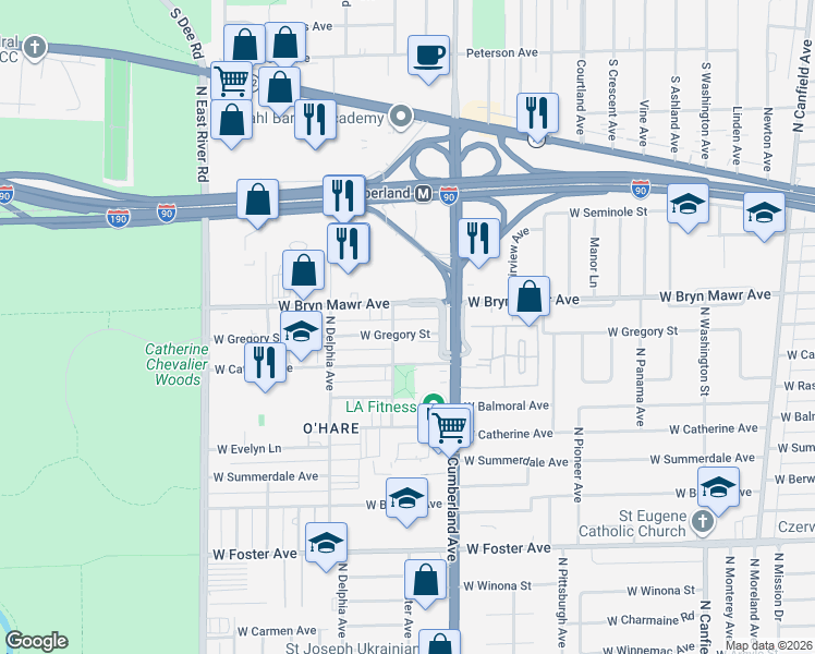 map of restaurants, bars, coffee shops, grocery stores, and more near 8444 West Gregory Street in Chicago