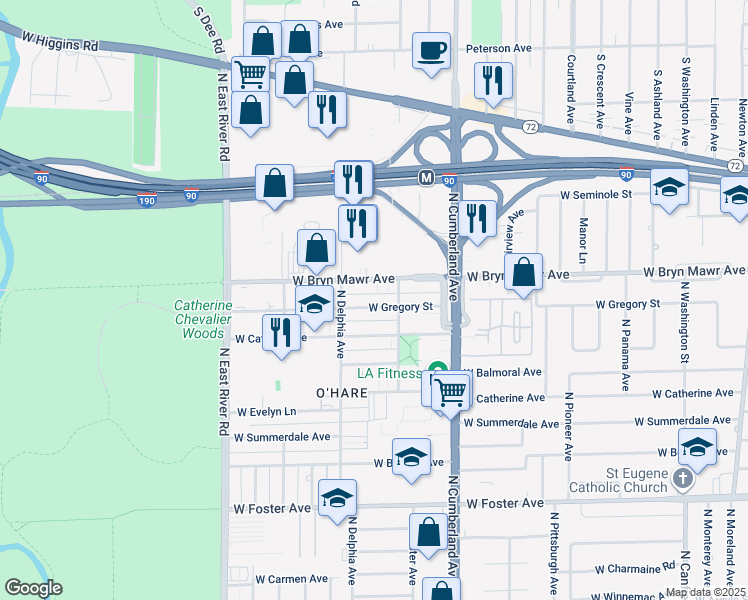map of restaurants, bars, coffee shops, grocery stores, and more near 8524 West Gregory Street in Chicago