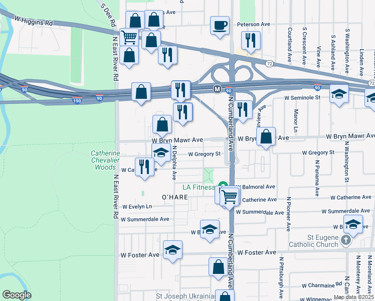 map of restaurants, bars, coffee shops, grocery stores, and more near 8524 West Gregory Street in Chicago