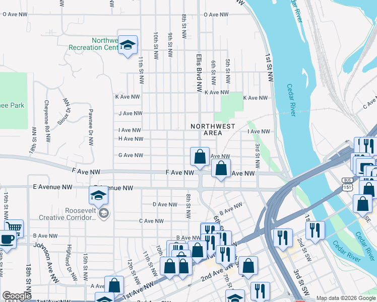 map of restaurants, bars, coffee shops, grocery stores, and more near 817 8th Street Northwest in Cedar Rapids