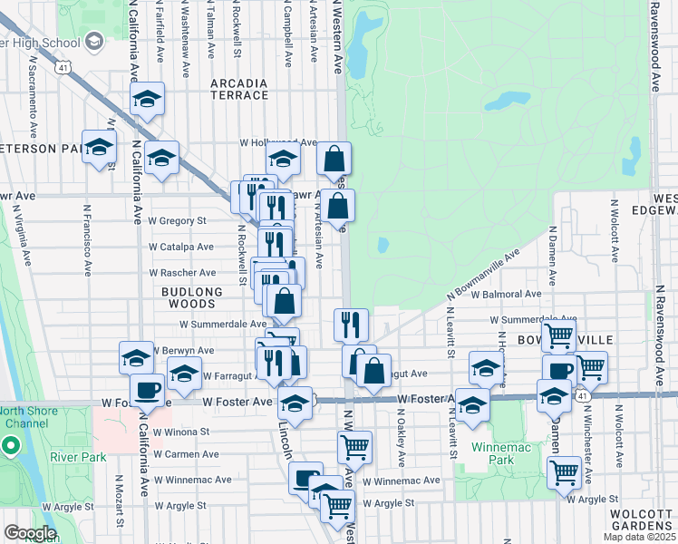 map of restaurants, bars, coffee shops, grocery stores, and more near 5430 North Western Avenue in Chicago